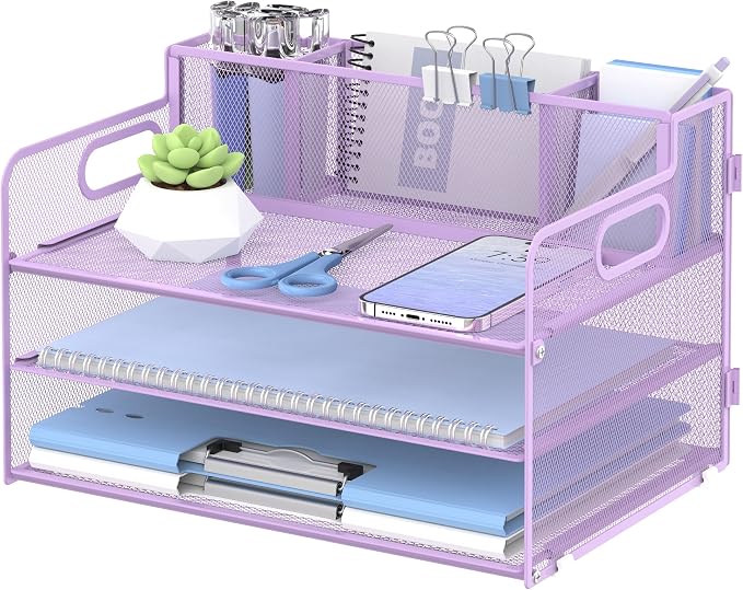 3-Tier Desk Organizer with Pen Holder and Handles, Paper Organizer, Purple | Desk Organizer and Paper Organizer for Desk with Pen Holder, Paper Trays and Handles for Files, Mail and Office Supplies