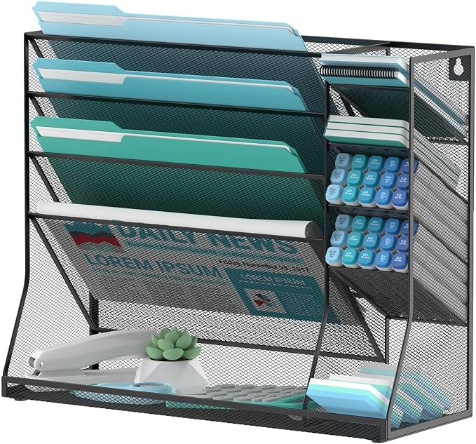 Wall File Organizer, 5-Tier Wall Organizer for Office with 4 Pen Slots, Vertical Hanging File Folder Holder with R-shaped Bottom Tray, Mesh Mail Holder Desk Organization for Workspace, Black