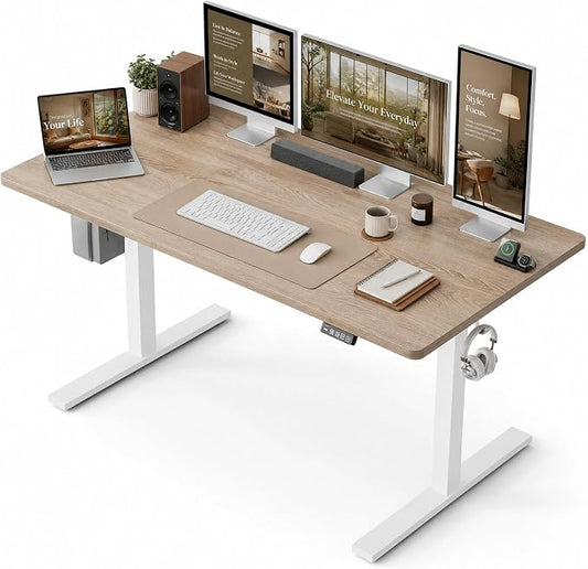 Grandder 55x32 Large Electric Standing Desk, Height Adjustable Computer Desk with 2 Memory Presets, 31.5" Deep Desktop Sit Stand Desk Home Office Desk Workstation Table with Hooks, Maple
