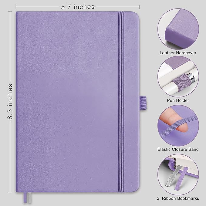 RETTACY Dotted Journal Notebook, 320 Numbered Pages, A5 Medium Size (5.7'' × 8.3''), Leather Hardcover, 100 GSM Thick Paper, for Journaling, Planning, Tracking (Purple)