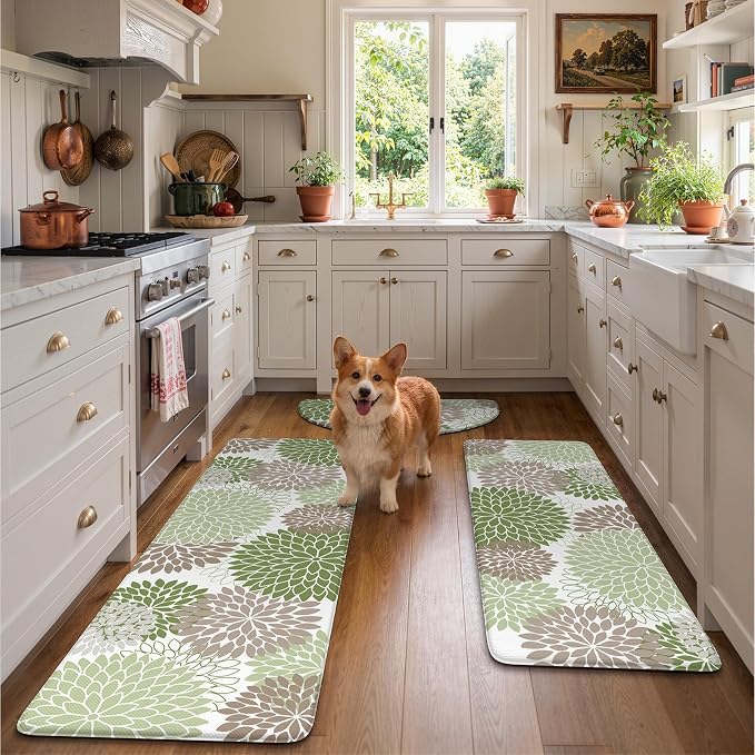 KIMODE Half Circle Anti Fatigue Mats for Kitchen Floor Rug Sets of 3 | 18"x28+18"x47"+18"x59",Sage Green,Dahlia Floral Boho,3PCS,Non Slip,Waterproof,for Sink Office Laundry Bathroom Decor
