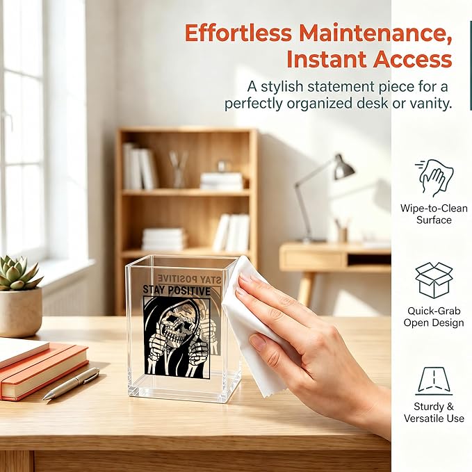 Funny Skeleton Office Acrylic Cosmetic Pen Pencil Holder Cup, Stay Positive Gothic Pencil Organizer, Horror Unique Desk Accessories, Motivational Halloween Gifts for Women Men（A52）