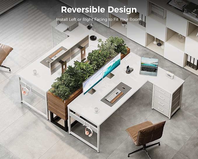 AODK 61" L Shaped Gaming Desk with 4 Drawers and Power Outlets, White | USB Ports, PC Tower Stand, Hooks, Reversible Corner Layout for Gaming Rooms, Bedrooms and Home Office