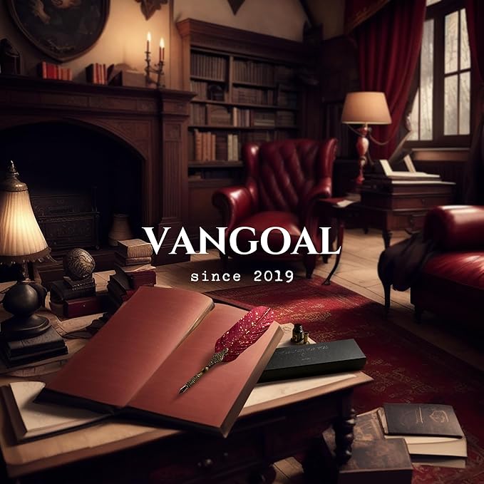 VANGOAL Vintage Carving Feather Pen Set, Glittering Quill Pen Set Antique Calligraphy Writing Dip Pen with Ink, 2 Replacement Nibs, Pen Stand Base, Luxury Vintage Signature Pen (Red)