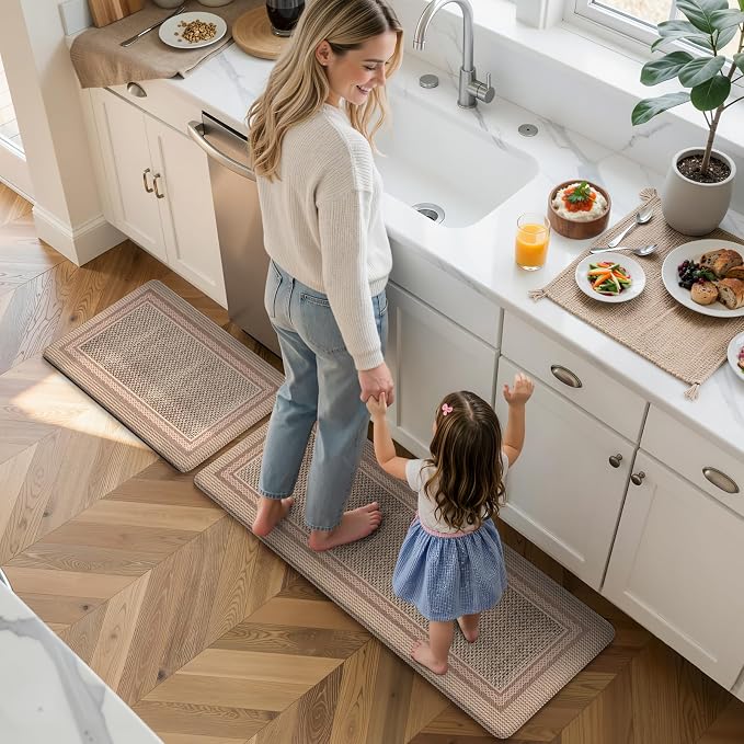 KIMODE Anti Fatigue Kitchen Mats for Floor,Farmhouse Kitchen Rugs Sets of 2 | Cushioned Kitchen Floor Mats,Comfort Standing Mat for Kitchen Decor Laundry Office Desk Apart Grayish Brown 17"x47"+17"x29"