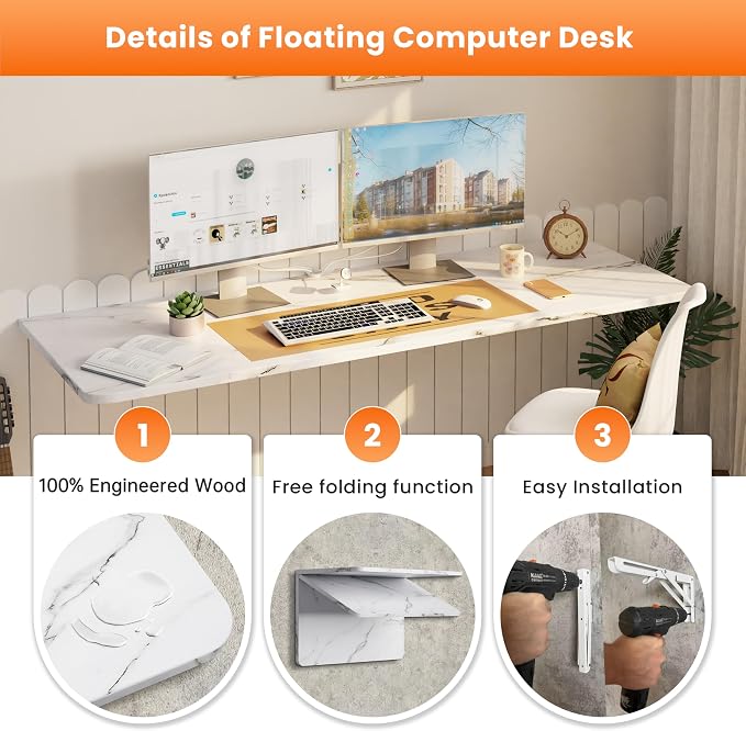 IAE Wall Mounted Floating Foldable Desk, 55" x 22" Folding Computer Workstation Table with Engineered Wood and Metal Shelf Brackets,Fold&Floating Design for Home Office, Apartment,Laundry Room,White
