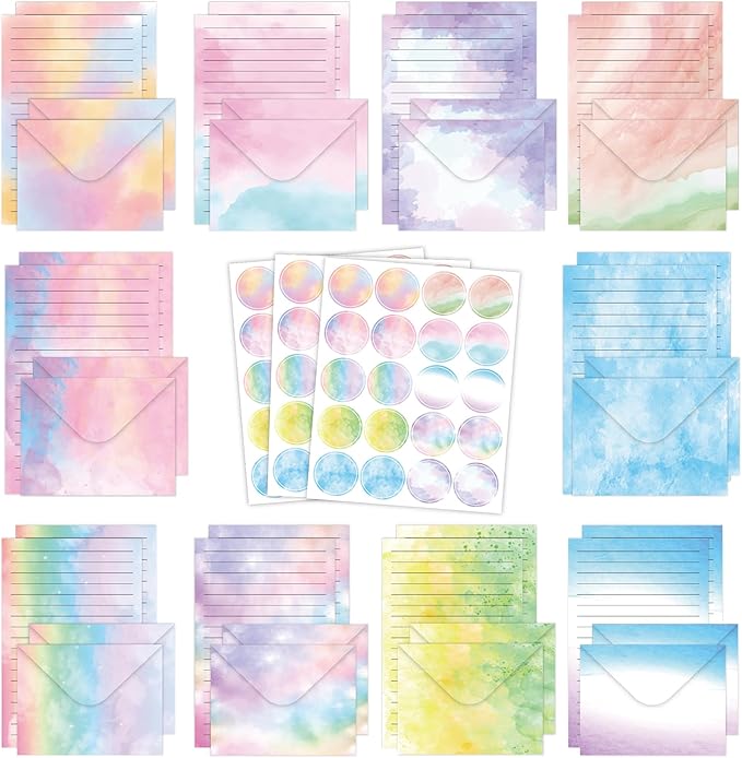 FUNCLASS 160 Pcs Stationery Set Letter and Envelopes – 50 Lined Stationery Paper and 50 Matching Envelopes, 5.5 x 8.25 Inches Letter Writing Stationery for Home, Office, School (Watercolor-B)
