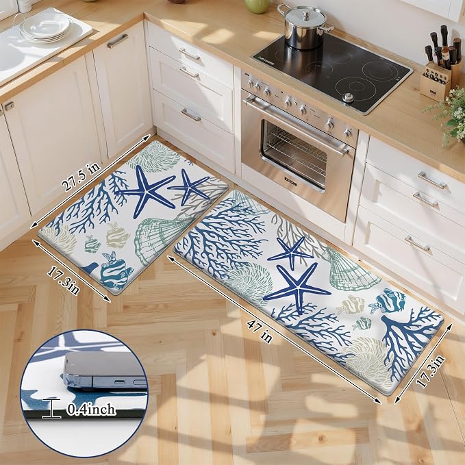 SHACOS Coastal Kitchen Rugs Set of 2, 17x27.5+17x47 inch | Summer Anti-Fatigue Kitchen Mats, White Cushioned Mats with Sea Themed Blue Starfish Shell Coral Tropical Fish