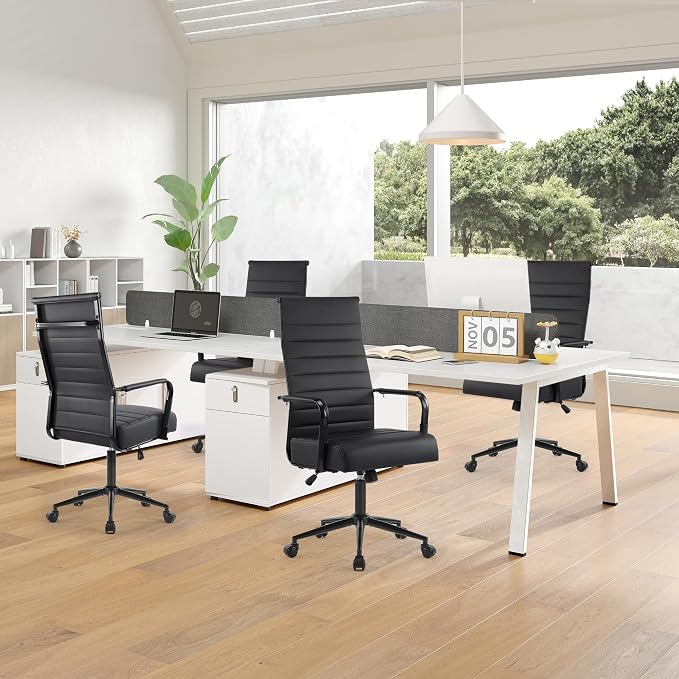 JOMEED Office Desk Chair,Conference Room Chair,High Back PU Leather Swivel | Modern Executive Ribbed Design, Ergonomic, Height Adjustable, Wheels and Arms, for Home Office(Black-Black Frame)