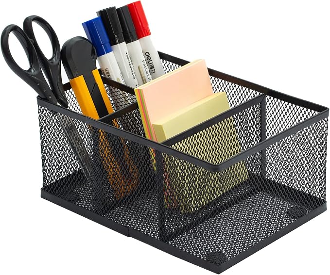 MyGift Black Metal Mesh Desk Organizer Pen Holder Pencil Holder Office Supplies Caddy with 4 Compartments