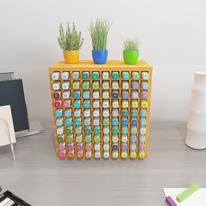 MinBoo Art Marker Storage Organizer for 100 Markers, Bamboo Art Supply Rack, Pens Color Pencils Paint Brushes Stationary Organizer Holder for Home Classroom Office Desk Decor