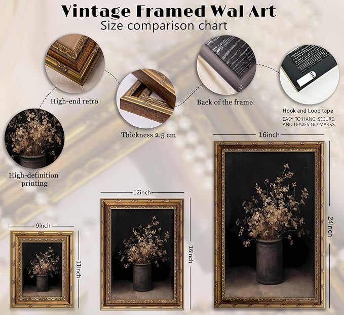 Vintage Gold Framed Wall Art Fall Dried Flowers Antique Vase Country Oil Painting Canvas Prints Dark Moody Rustic Still Life Picture Gothic Victorian Botanical Poster Artwork for Bedroom, 9x11in