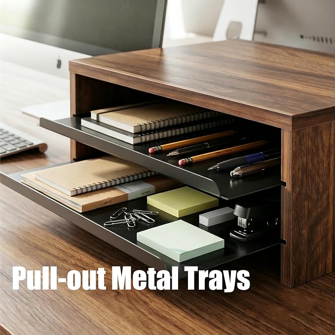 Fenge 14.3-Inch Monitor Stand with Slide-Out Trays, Wood & Metal Desk Shelf | 3-Tier Space-Saving Desk Storage Organizer, Fits Computer, Laptop, Printer and Telephone