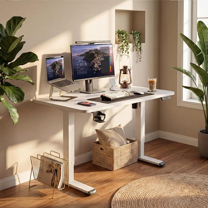 Furmax Electric Standing Desk, 40 x 24 Inches Height Adjustable Sit Stand up Desk, Memory Preset Computer Home Office Desks with Sturdy Metal Frame, Phone Stand Cable Management Hole (White, 40'')