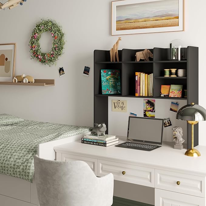 ChooChoo Desk Hutch Dorm, Desktop Bookshelf with 7 Shelves | Desktop Shelf, Bookshelf Storage for College Dorm Office Home, Black