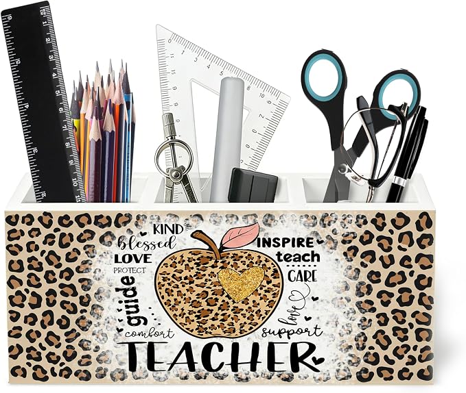 Leopard Print Teacher Wooden Pen Holder for Desk, Teacher Appreciation Gifts for Women, Educator Gifts Pencil Organizer Wooden Box Sign for School Office Classroom Decoration