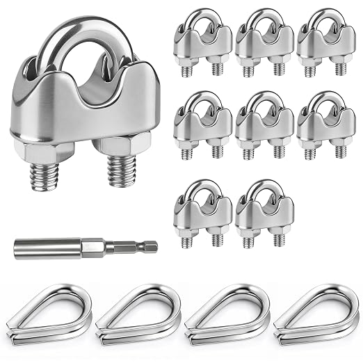 8Pcs 3/16 inch Stainless Steel Wire Rope Cable Clamp,M5 Wire Rope Clamp with Thimble for Various Commercial, Industrial, and Residential Projects