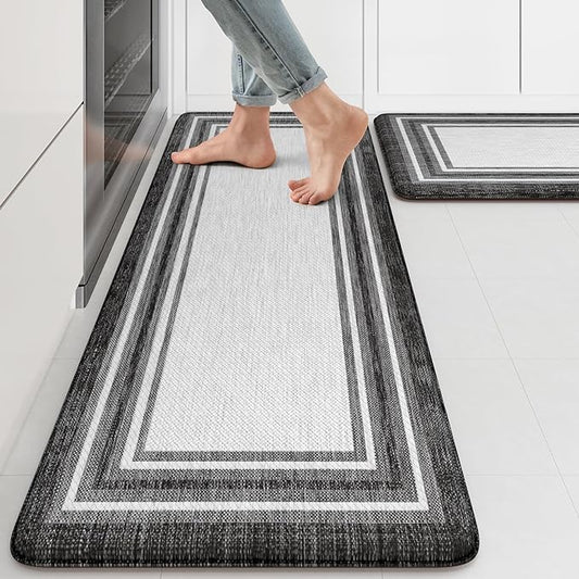 KIMODE Anti Fatigue Kitchen Mat for Floor 2PC,Kitchen Rugs Non Slip Rubber Backing,Waterproof Farmhouse Kitchen Floor Mat,Cushioned Standing Mat for Home Decor,Office,Laundry,Sink,Desk,Black and Grey
