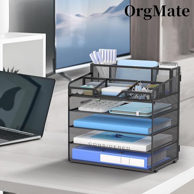 5 Tier Mesh Paper Desk Organizer with Pen Holders, Black | Features 3 pen holders, and 5 adjustable compartments for office school home desk storage