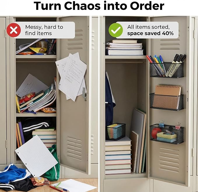 Neudeco Magnetic Locker Organizer, Wire Mesh Storage Baskets, Black | Pack of 3, Magnetic Pencil Holder, For Dry Erase Markers, Fridge, Whiteboard, School Locker
