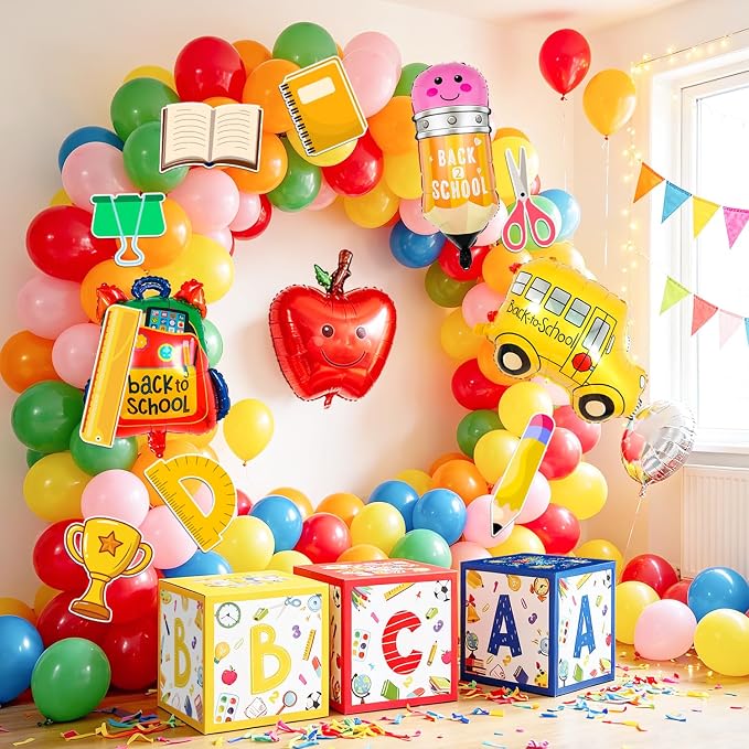 Back to School Arch Balloons Decorations, 89pcs Back to School Balloon Arch Garland Kit with Pencil Apple Schoolbag Bus Foil Balloons Back to School Balloons ABC Box etc Back to School Party Supplies