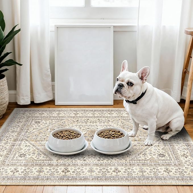 Washable 3x4 Area Rug for Entryway - Bedroom Rugs with Non Slip Rubber Backing for Kitchen Bathroom Indoor Soft Stain Resistant Carpet Rug for Pet Feeding Area and Distressed Floor Decor Beige/Gray