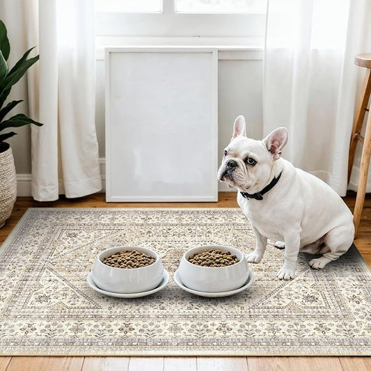 Washable 3x4 Area Rug for Entryway - Bedroom Rugs with Non Slip Rubber Backing for Kitchen Bathroom Indoor Soft Stain Resistant Carpet Rug for Pet Feeding Area and Distressed Floor Decor Beige/Gray