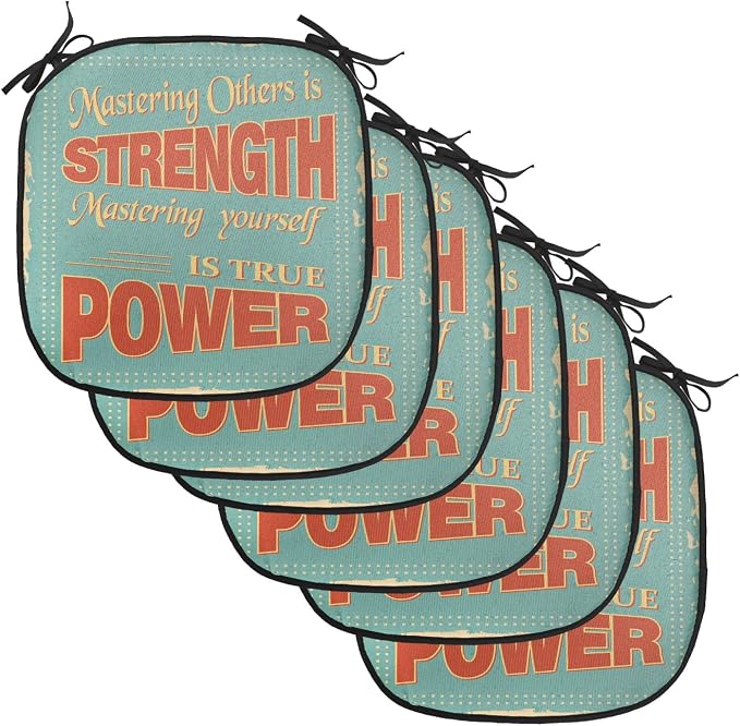 Lunarable Saying Chair Cushion Pads Set of 6, Notes Mastering Yourself is True Power by Lao Tzu, Anti-Slip Seat Padding for Kitchen & Patio, 16"x16", Pale Brown Pale Blue
