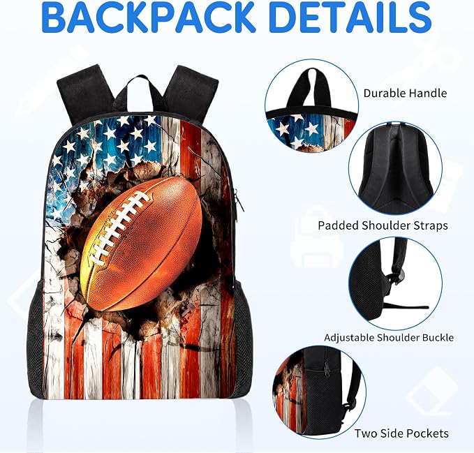 3PCS Football Backpack for Boys Girls Teens, School Backpack with Lunch Box Pencil Case for Elementary Middle High Students, 17 Inch Lightweight Bookpack 3 in 1 Set Back to Shool Supplies for Kids