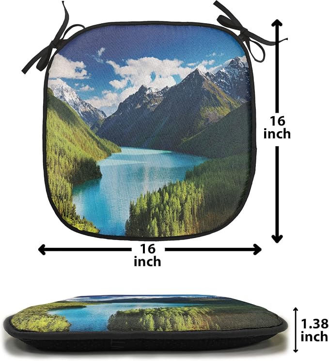 Lunarable Mountain Chair Cushion Pads Set of 4, Lake Kucherlinskoe in Altai Mountains High Peaks and Fresh Jungle in Spring, Anti-Slip Seat Padding for Kitchen & Patio, 16"x16", Green Blue White