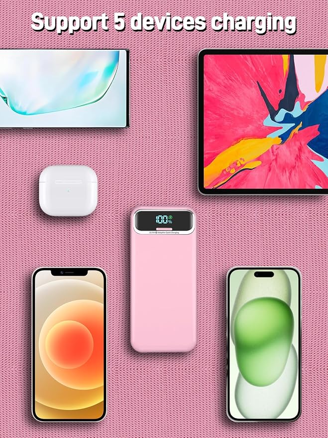 Nusyddy Portable Charger 20000mAh 22.5W w/Built-in Cables & Wall Plug Pink | 22.5W Fast Charging, High Capacity, LED Display, Charge 5 Devices at once, TSA Approved, Compatible with iPhone/iPad/Samsung
