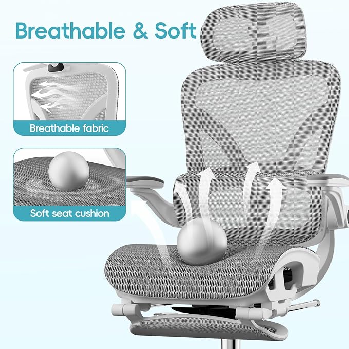 Alllion Ergonomic Mesh Office Chair, Home Desk Chair Comfy High Back with Adjustable Lumbar Support, 3D Headrest, Flip-up Arms, Big and Tall Reclining Computer Gaming Chairs for Men Women, Grey