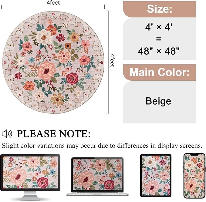 DUKINO Floral Round Rug, 4ft Washable Round Area Rug, Non Slip Indoor Low Pile Circle Rug, Soft Small Boho Design Circle Rug for Bedroom, Entryway, Living Room, Dining Room,Beige