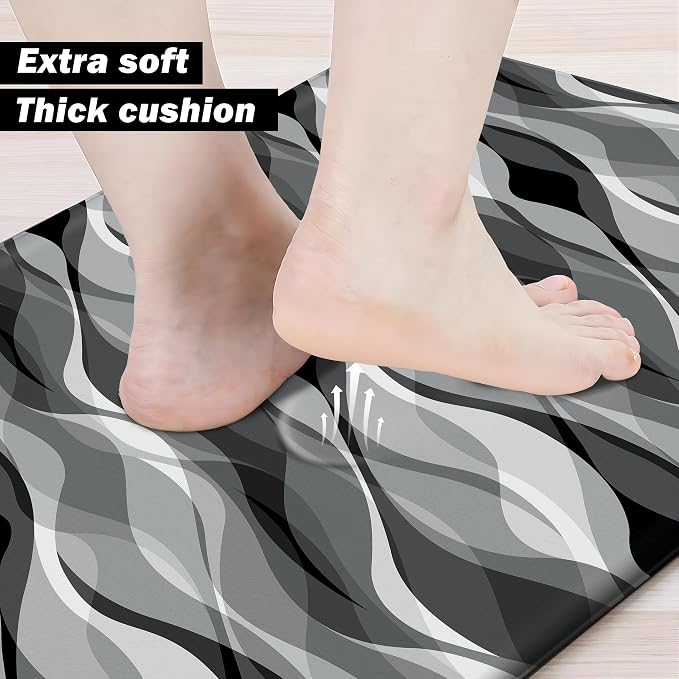 weesire Kitchen Mats for Floor Modern Abstract Kitchen Rugs Grey Stripe Anti Fatigue Kitchen Mats Waterproof Floor Mats Cushioned Non-Skid Standing Mats for Kitchen, Set of 2,17.3 x 28+17.3 x 47