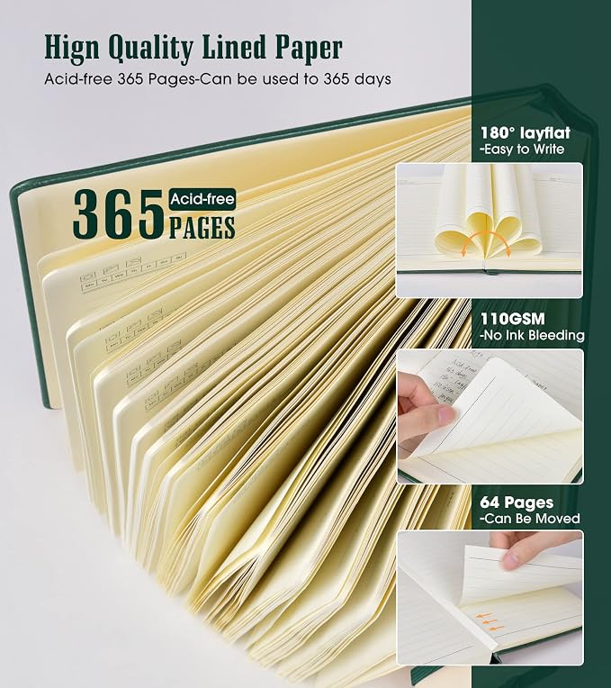Lined Journal Notebook, 365 Pages B5 Large Journals for Writing Ruled Notebook, Hardcover Leather Journal for Women Men, Daily Notebook for Work, Note Taking, 100Gsm Thick Paper( 7.6'' X 10'' Green)