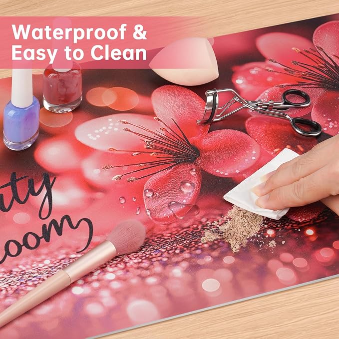 Dual-Sided Synthetic Leather Decorative Makeup Mat for Crafting, Furniture Protection, Scratch & Stain Resistant Surface Desk Pad, Waterproof Easy to Clean Vanity Protector (Floral Black)