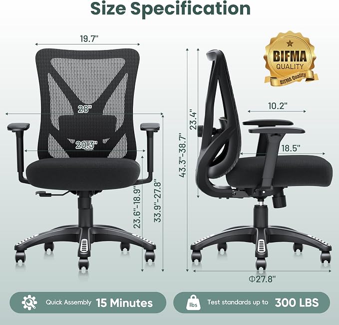 Ergonomic Office Chair, Mesh Computer Desk Chairs with Adjustable Lumbar Support, 3D Armrest, Tilt Function, Comfy Wide Seat, Executive Chair for Company & Home, Gaming Chair (Black Sponge Cushion)