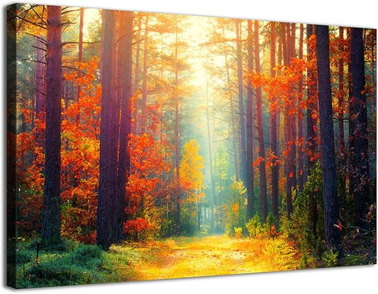 Fall Forest Canvas Wall Art Autumn Tree Scenery Wall Decor for Living Room Bedroom Nature Landscape Pictures Sunshine Orange Maple Leaves Painting Prints Artwork Dining Room Home Decorations 12x16”