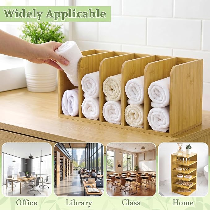 Novabright Bamboo Magazine File Holder Desk Organizer, 5 Vertical Compartments Workspace Sorters for Magazines, Binders, Notebooks, Envelopes