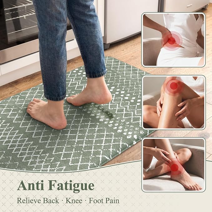 KIMODE Kitchen Anti Fatigue Mats, Green Farmhouse Kitchen Rugs Sets of 2, Memory Foam Kitchen Mats for Floor, Waterproof Standing Mat for Sink Laundry Office Desk 20"x47"+20"x32"