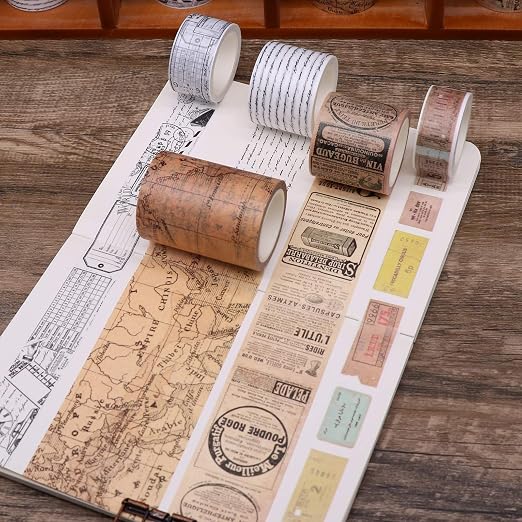 Knaid Vintage Washi Tape Set, Assorted 5 Rolls of Decorative Colored Masking Tapes for Scrapbooking, DIY Decor and Crafts, Bullet Journals, Planners, Junk Journal, Gift Wrapping