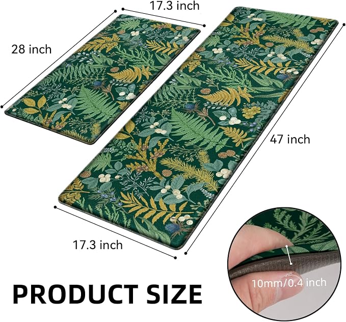 Dark Green Botanical Kitchen Rugs Set of 2 Plant Leaf Anti-Fatigue Kitchen Mat Natural Comfort Standing Waterproof PVC Mats 2/5" Thick Leather Carpet for Laundry Office Sink(17.3" x28" + 17.3" x 47")