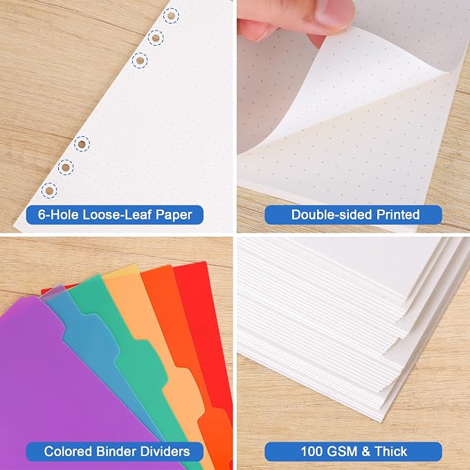 Antner A5 Dotted Refill Paper 6-Hole Planner Inserts for A5 6-Ring Binders, 135 Sheets Dot Grid Planner Refills Loose Leaf Filler Paper with Binder Dividers for Refillable Notebooks, Bullet Journals