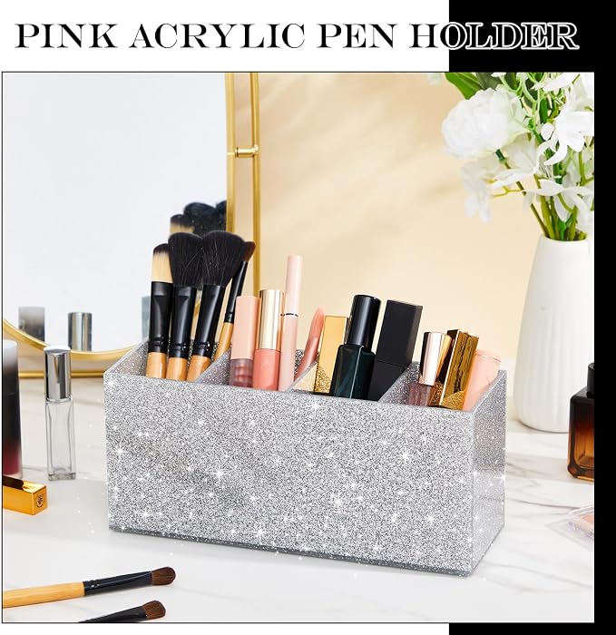 Jetec Acrylic Glitter Pen Holder 4 Compartments Bling Makeup Brush Stationery Organizer Pencil Holder for Desk Accessories Sparkly Gifts for Women Birthday Valentines Desktop Workplace Office(Sliver)