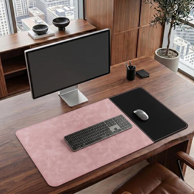 HAUTOCO Cork Desk Mat 31.5"x15.7", Distressed PU Leather & Cloth Desk Pad | Waterproof, Non-Slip, Stitched Edges, Pink Large Gaming Mouse Pad, Laptop Blotter & Desk Protector for Office and Home