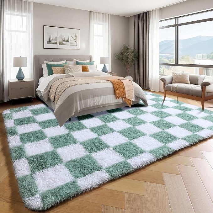 KICMOR Fluffy Sage Green and White Rugs Living Room Carpet, 5x7 Large Fuzzy Checkered Shag Area Rug for Bedroom Aesthetic, Furry Soft Plush Shaggy Rug for Nursery Kids Girls Boys Room Home Decor