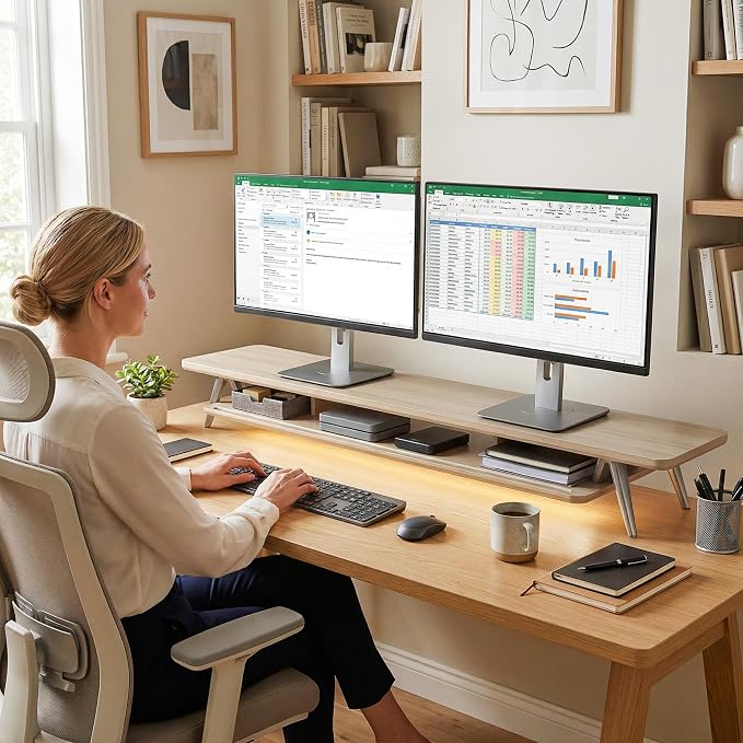 Fenge Dual Monitor Stand Riser, Wooden Desk Shelf with 2-Tier Storage | 47.3-Inch Extra Wide, Sturdy Aluminum Legs, Built-In Phone & Tablet Slot, Desktop Organizer for Office Accessories