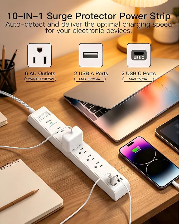 Surge Protector Power Strip 25FT, 10-in-1 with 6 AC Outlets 4 USB Ports(2 USB-C), Ultra Flat Plug Braided Extension Cord, Wall Mountable, 1080J Surge Protection, ETL Listed, White