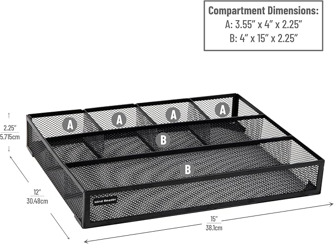 Mind Reader 6-Compartment Drawer Organizer, Metal Mesh Desk Organizer for Office, Kitchen, Utensils, Supplies, Set of 2, Black