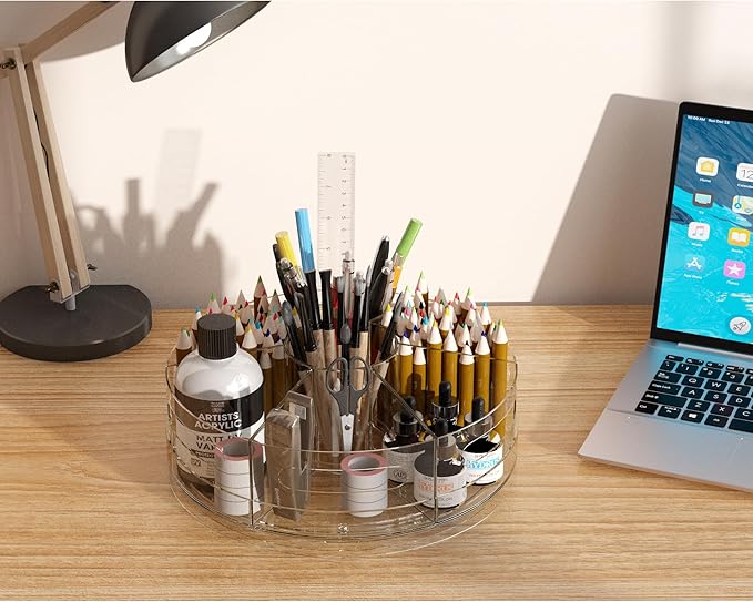 CraftGenes Rotating Desk Organizer, 360° Acrylic Pen Organizer for Desk with 7 Removable Compartments, Extra-Large Pen Holder for Office Supplies, Markers, and Art Supplies, Clear Pencil Holder